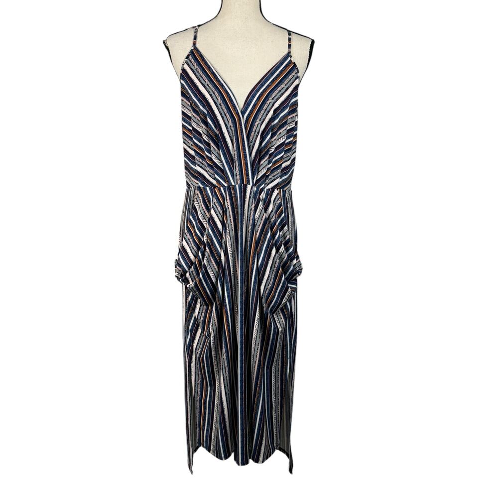 BCBGeneration Large Midi Dress Striped Halter V-Neck Pockets Stretch Hi-Low Hem
